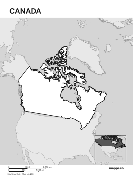 Outline map of Canada with detailed country borders, showcasing its geographical shape (black and white).
