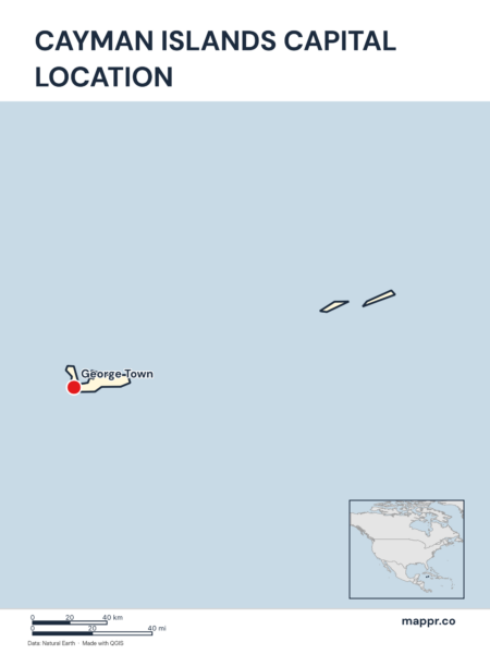 Detailed map pinpointing George Town, the capital of Cayman Islands.