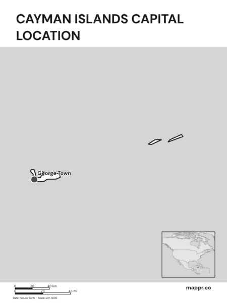 Detailed map pinpointing George Town, the capital of Cayman Islands (black and white).