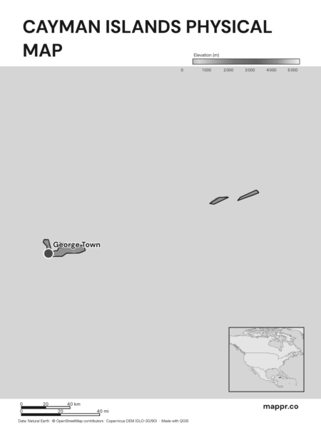Map featuring George Town, the capital of Cayman Islands, with rich topographical detail (black and white).