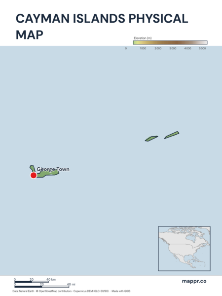 Map featuring George Town, the capital of Cayman Islands, with rich topographical detail.
