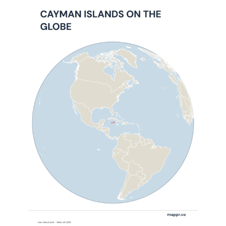 A map highlighting Cayman Islands's location on a globe, marked with a red outline.