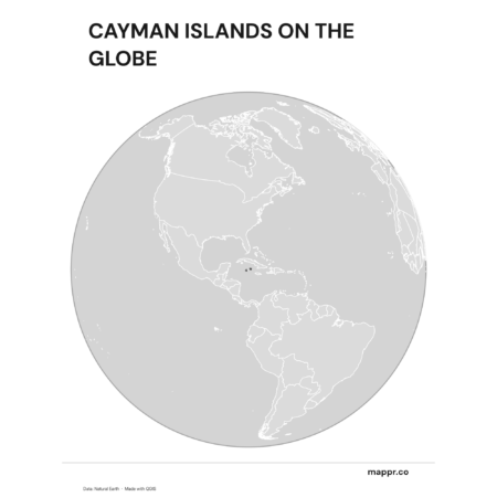 A map highlighting Cayman Islands's location on a globe, marked with a red outline (black and white).