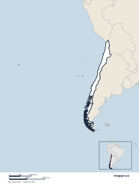 Blank political map of Chile showing its international borders without labels.