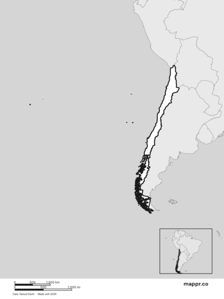 Blank political map of Chile showing its international borders without labels (black and white).