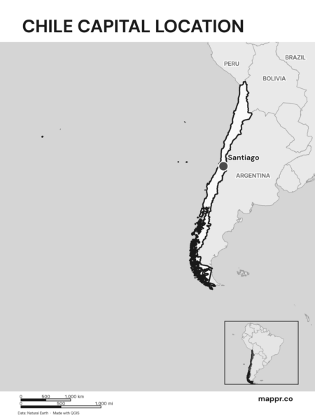 Detailed map pinpointing Santiago, the capital of Chile (black and white).
