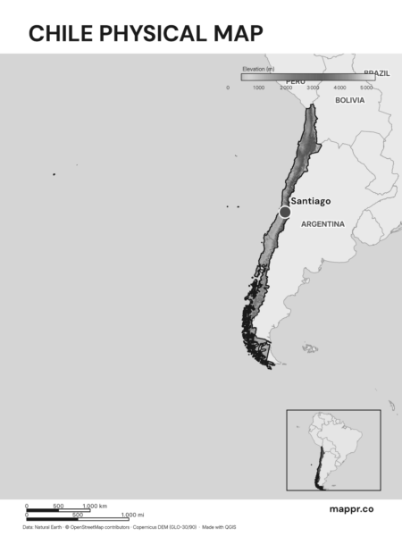 Map featuring Santiago, the capital of Chile, with rich topographical detail (black and white).