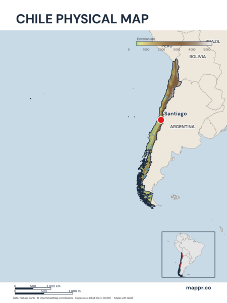 Map featuring Santiago, the capital of Chile, with rich topographical detail.