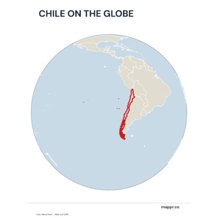 A map highlighting Chile's location on a globe, marked with a red outline.