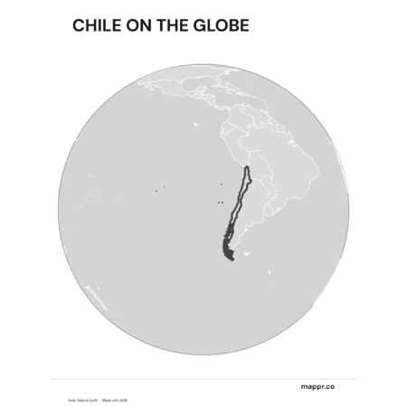 A map highlighting Chile's location on a globe, marked with a red outline (black and white).