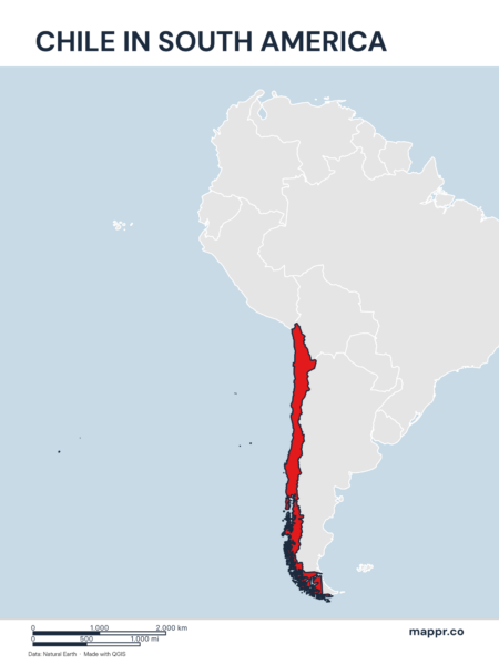A map highlighting Chile's location on the south american continent.