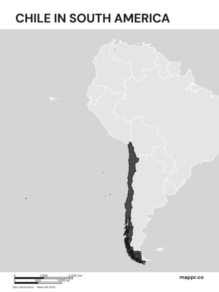A map highlighting Chile's location on the south american continent (black and white).