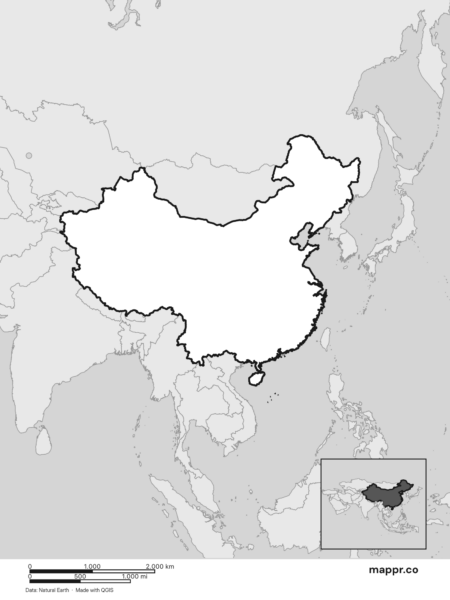 Blank political map of China showing its international borders without labels (black and white).