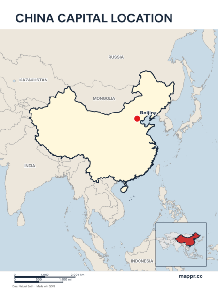 Detailed map pinpointing Beijing, the capital of China.