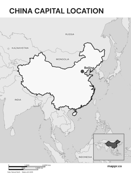 Detailed map pinpointing Beijing, the capital of China (black and white).