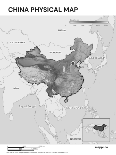 Map featuring Beijing, the capital of China, with rich topographical detail (black and white).