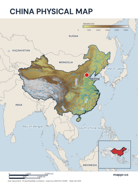 Map featuring Beijing, the capital of China, with rich topographical detail.