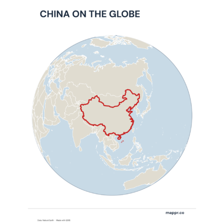 A map highlighting China's location on a globe, marked with a red outline.