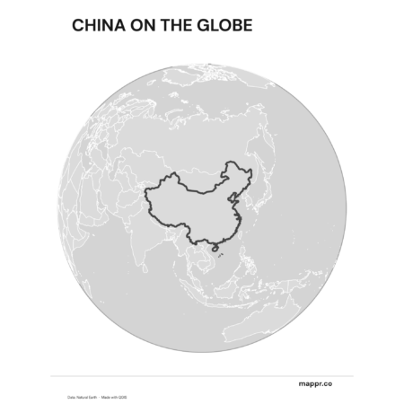 A map highlighting China's location on a globe, marked with a red outline (black and white).