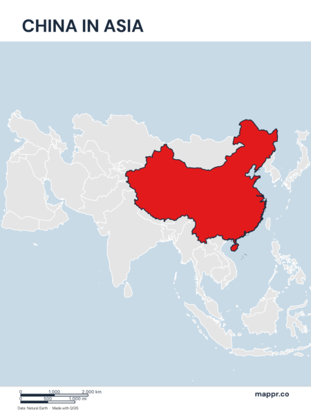A map highlighting China's location on the asian continent.