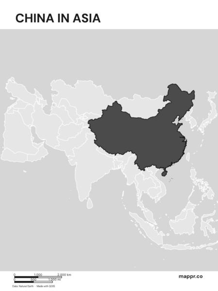 A map highlighting China's location on the asian continent (black and white).