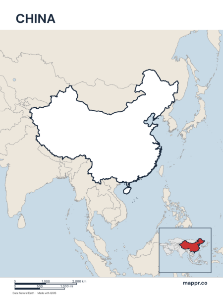 Outline map of China with detailed country borders, showcasing its geographical shape.