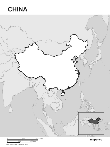 Outline map of China with detailed country borders, showcasing its geographical shape (black and white).