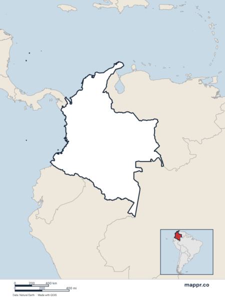 Blank political map of Colombia showing its international borders without labels.