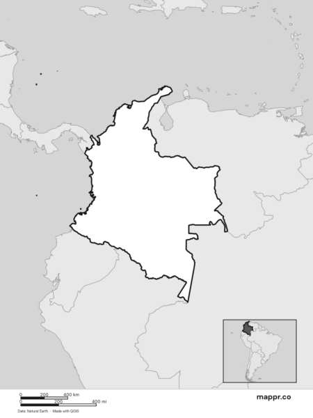 Blank political map of Colombia showing its international borders without labels (black and white).