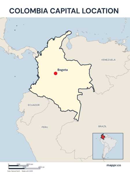 Detailed map pinpointing Bogota, the capital of Colombia.