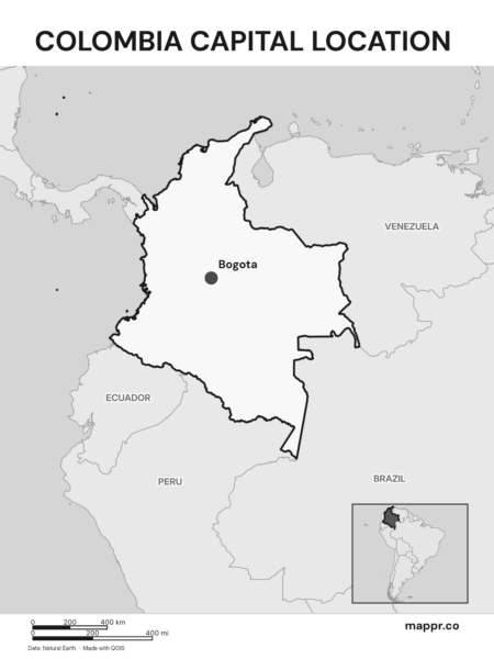 Detailed map pinpointing Bogota, the capital of Colombia (black and white).