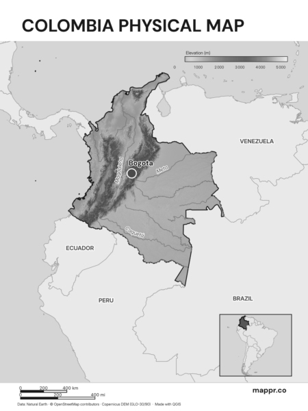 Map featuring Bogota, the capital of Colombia, with rich topographical detail (black and white).