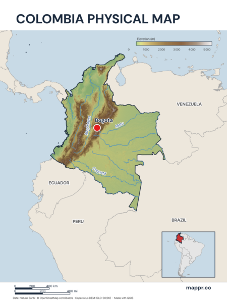 Map featuring Bogota, the capital of Colombia, with rich topographical detail.