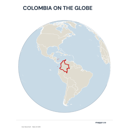 A map highlighting Colombia's location on a globe, marked with a red outline.