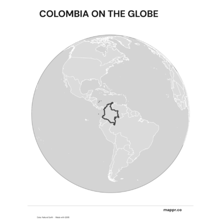 A map highlighting Colombia's location on a globe, marked with a red outline (black and white).
