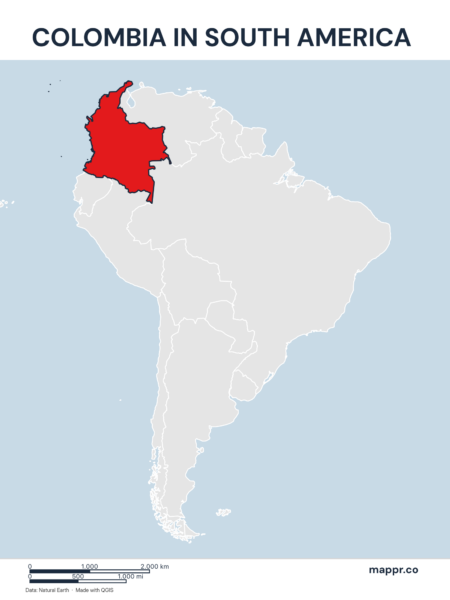 A map highlighting Colombia's location on the south american continent.