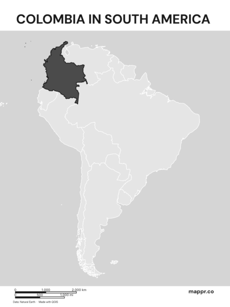 A map highlighting Colombia's location on the south american continent (black and white).