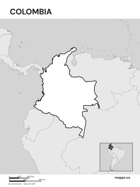 Outline map of Colombia with detailed country borders (black and white).