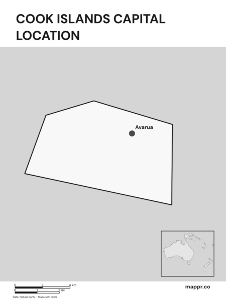 Detailed map pinpointing Avarua, the capital of Cook Islands (black and white).