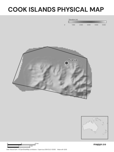 Map featuring Avarua, the capital of Cook Islands, with rich topographical detail (black and white).