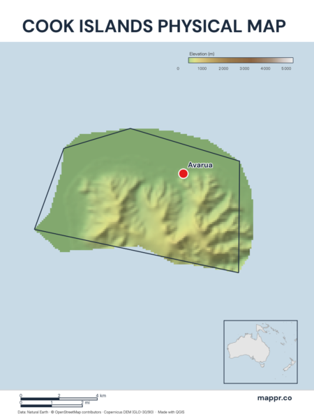 Map featuring Avarua, the capital of Cook Islands, with rich topographical detail.