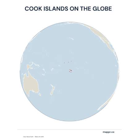 A map highlighting Cook Islands's location on a globe, marked with a red outline.