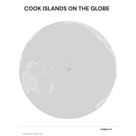 A map highlighting Cook Islands's location on a globe, marked with a red outline (black and white).