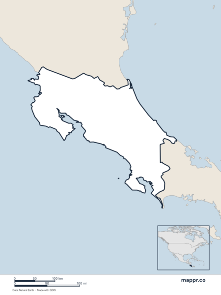 Blank political map of Costa Rica showing its international borders without labels.