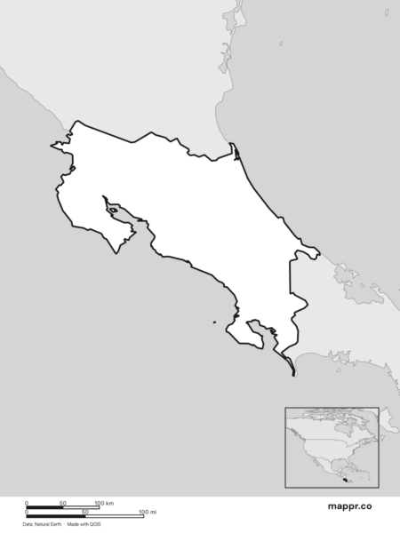 Blank political map of Costa Rica showing its international borders without labels (black and white).