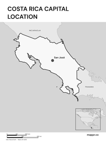Detailed map pinpointing San José, the capital of Costa Rica (black and white).