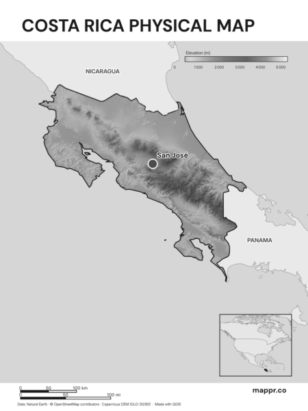 Map featuring San José, the capital of Costa Rica, with rich topographical detail (black and white).