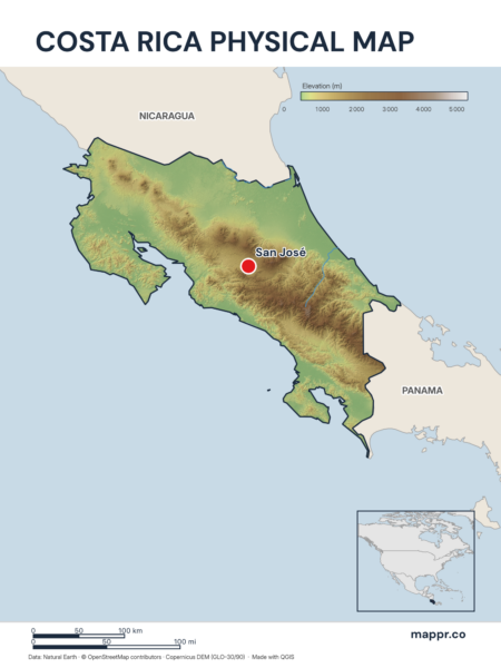 Map featuring San José, the capital of Costa Rica, with rich topographical detail.