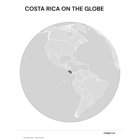 A map highlighting Costa Rica's location on a globe, marked with a red outline (black and white).