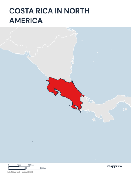 A map highlighting Costa Rica's location on the north american continent.